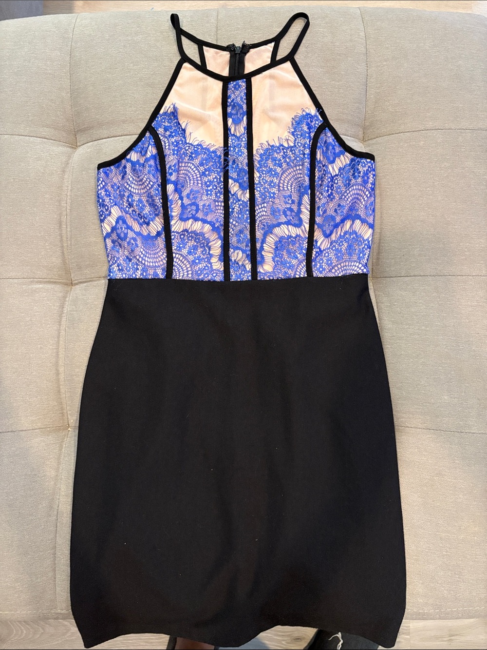 Lush Black & Blue Lace Halter Mini Dress